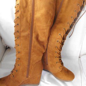 BOOTS COGNAC FAUX SUEDE 3 1/2" HEEL KNEE-HIGH